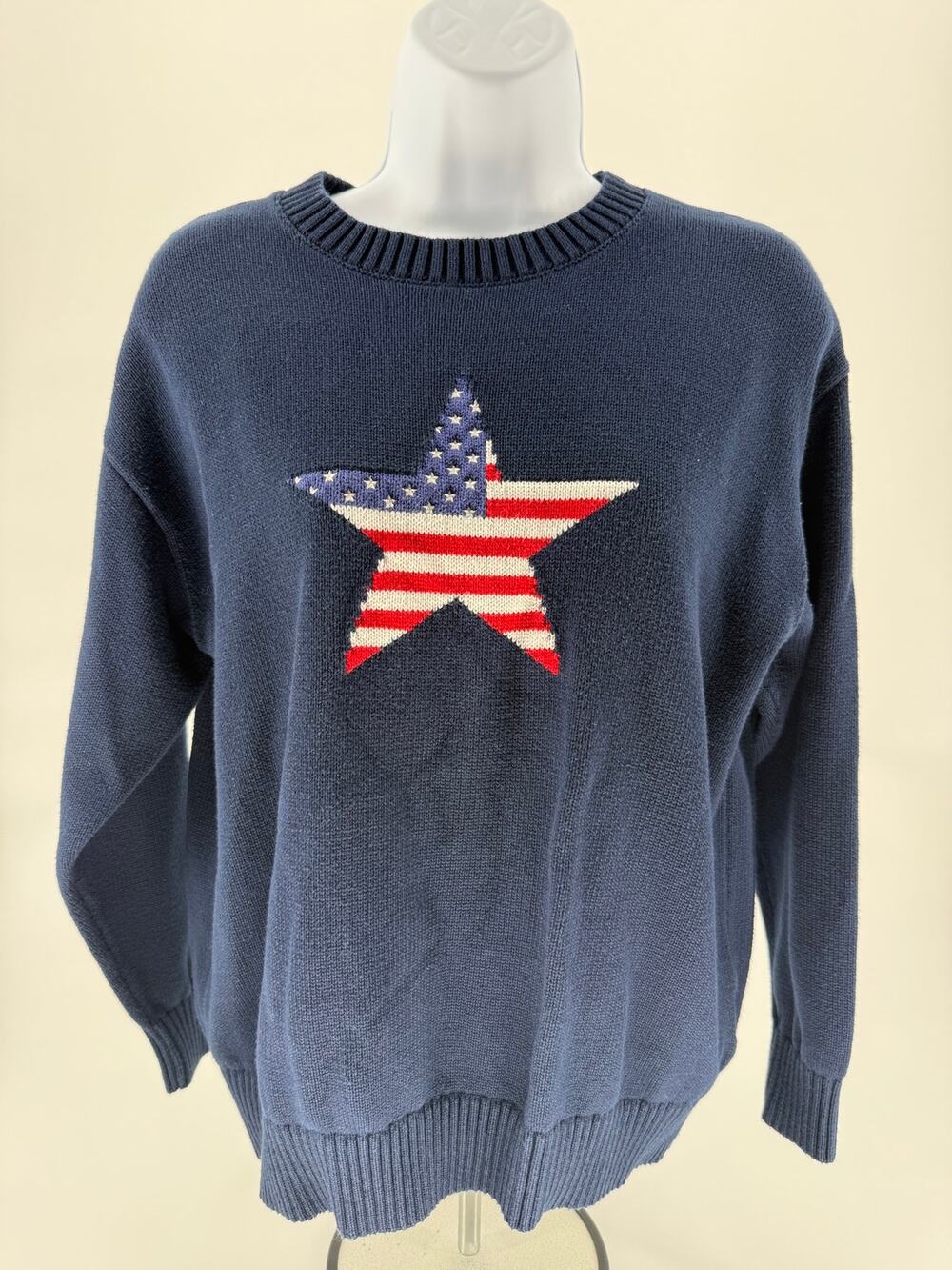 Harper & Ivy American Flag Star Knit Sweater Navy Crew Neck Women’s Small USA